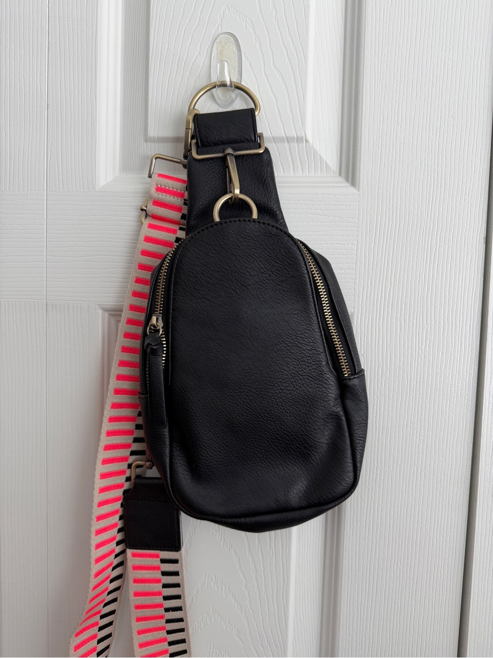Urban Originals x Anthropologie Black Leather Sling Bag with Stripe Strap